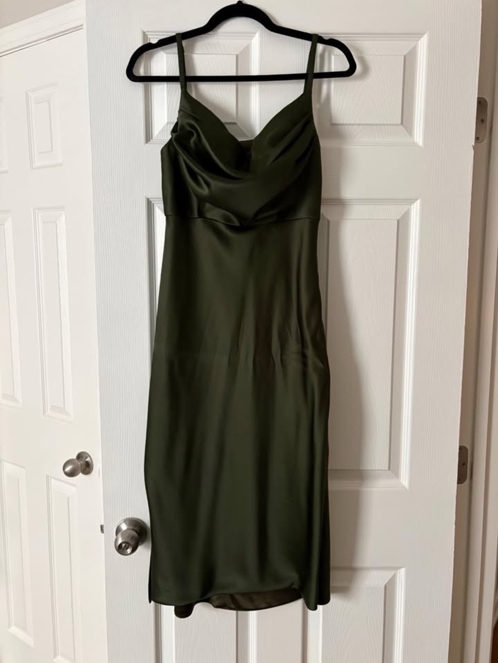 Revelry Olive Green Satin Cowl Slip Midi Dress